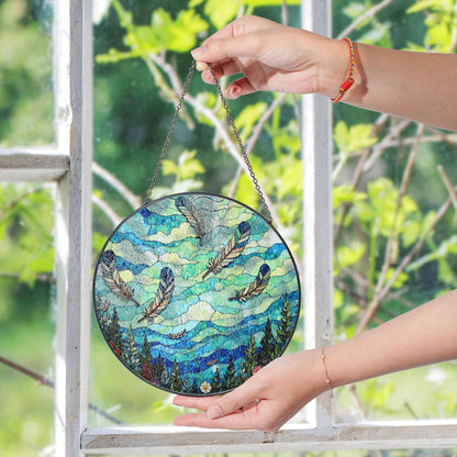 drifting feathers in mountain sky blue stained glass suncatcher gift for nature lovers