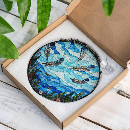 drifting feathers in mountain sky blue stained glass suncatcher gift for nature lovers