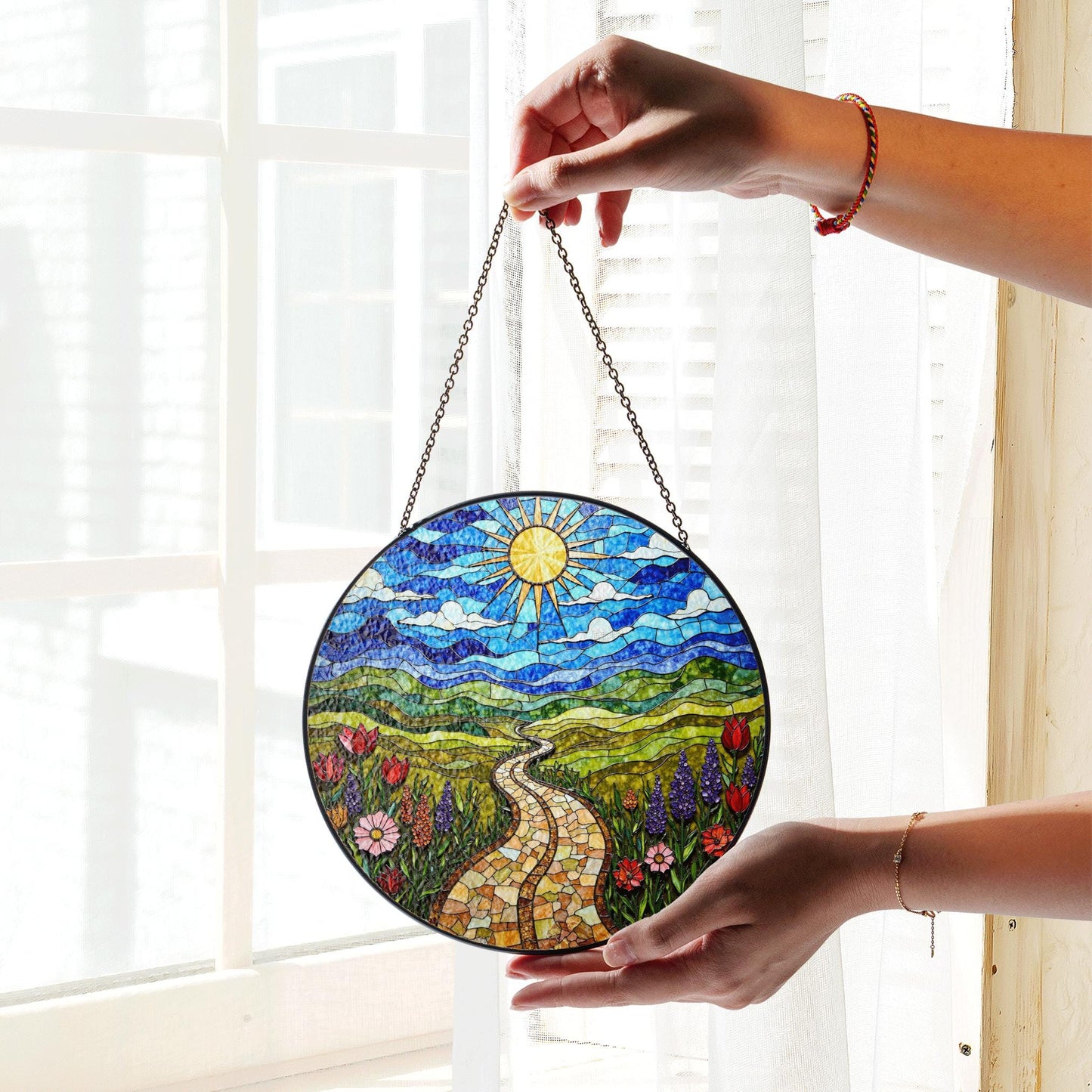 Mosaic sun trail with wildflowers vibrant stained glass suncatcher gift for nature lover friend