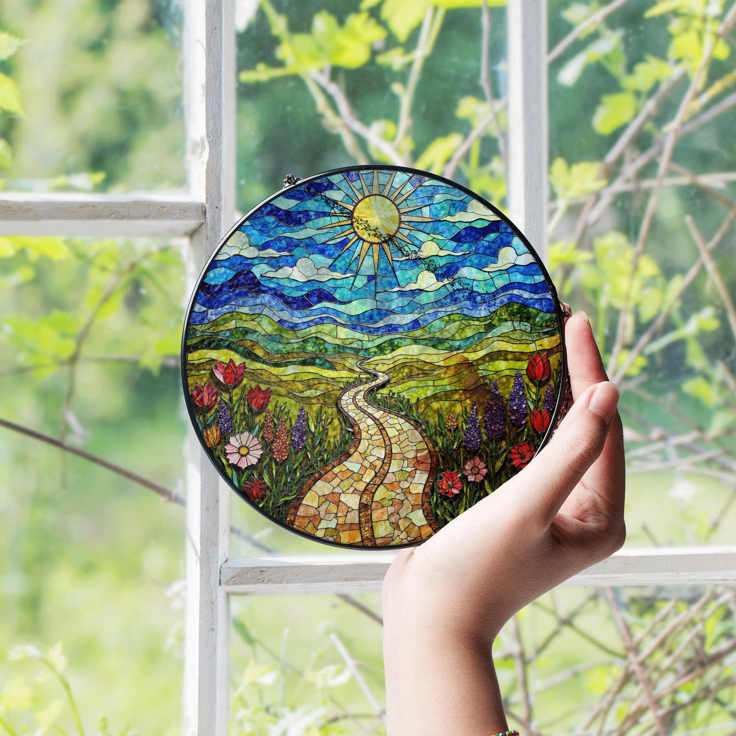Mosaic sun trail with wildflowers vibrant stained glass suncatcher gift for nature lover friend