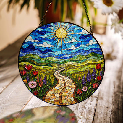Mosaic sun trail with wildflowers vibrant stained glass suncatcher gift for nature lover friend
