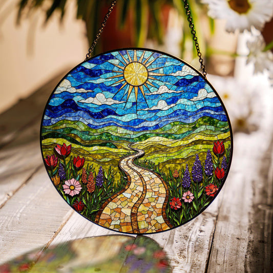 Mosaic sun trail with wildflowers vibrant stained glass suncatcher gift for nature lover friend