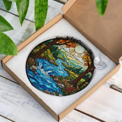 autumn forest river stained glass window hanging nature suncatcher gift for nature lover
