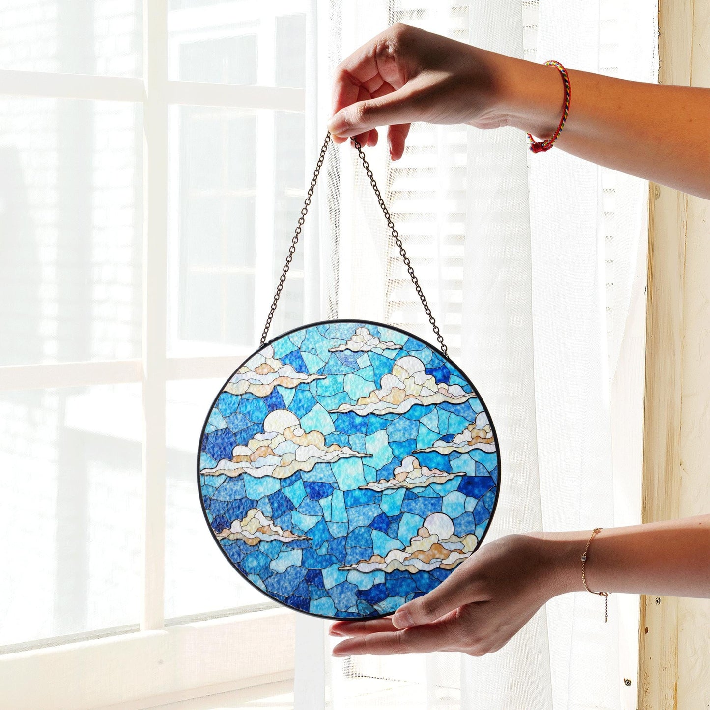 Stained blue sky cloud glass suncatcher with dreamy layers of light for window decor gift for sky lovers