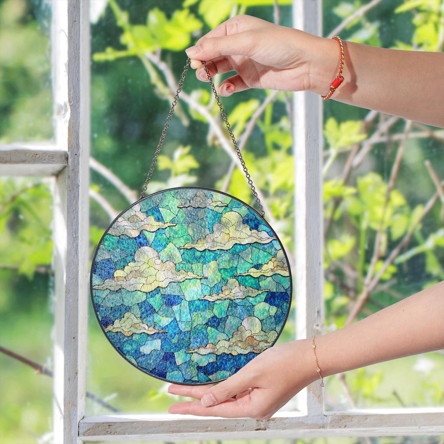 Stained blue sky cloud glass suncatcher with dreamy layers of light for window decor gift for sky lovers