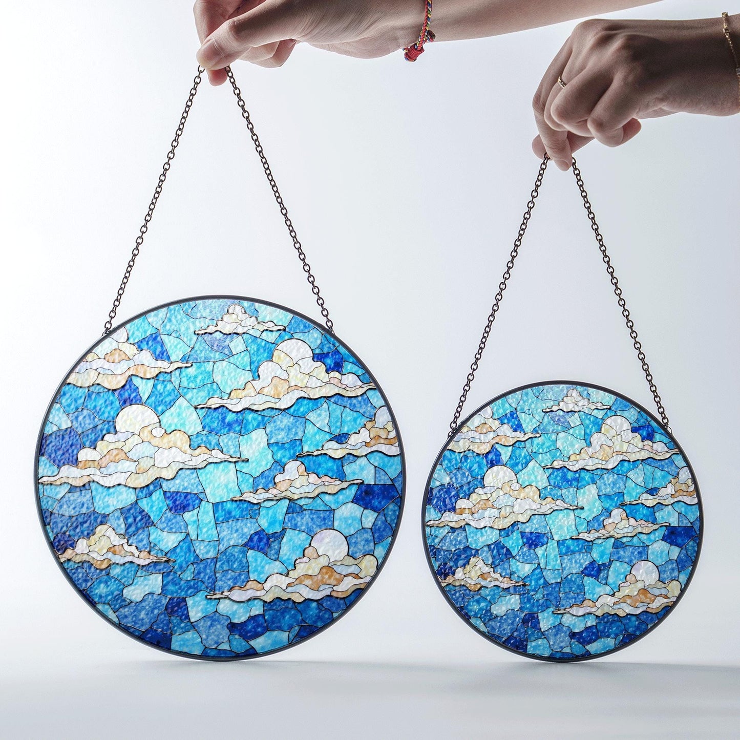 Stained blue sky cloud glass suncatcher with dreamy layers of light for window decor gift for sky lovers