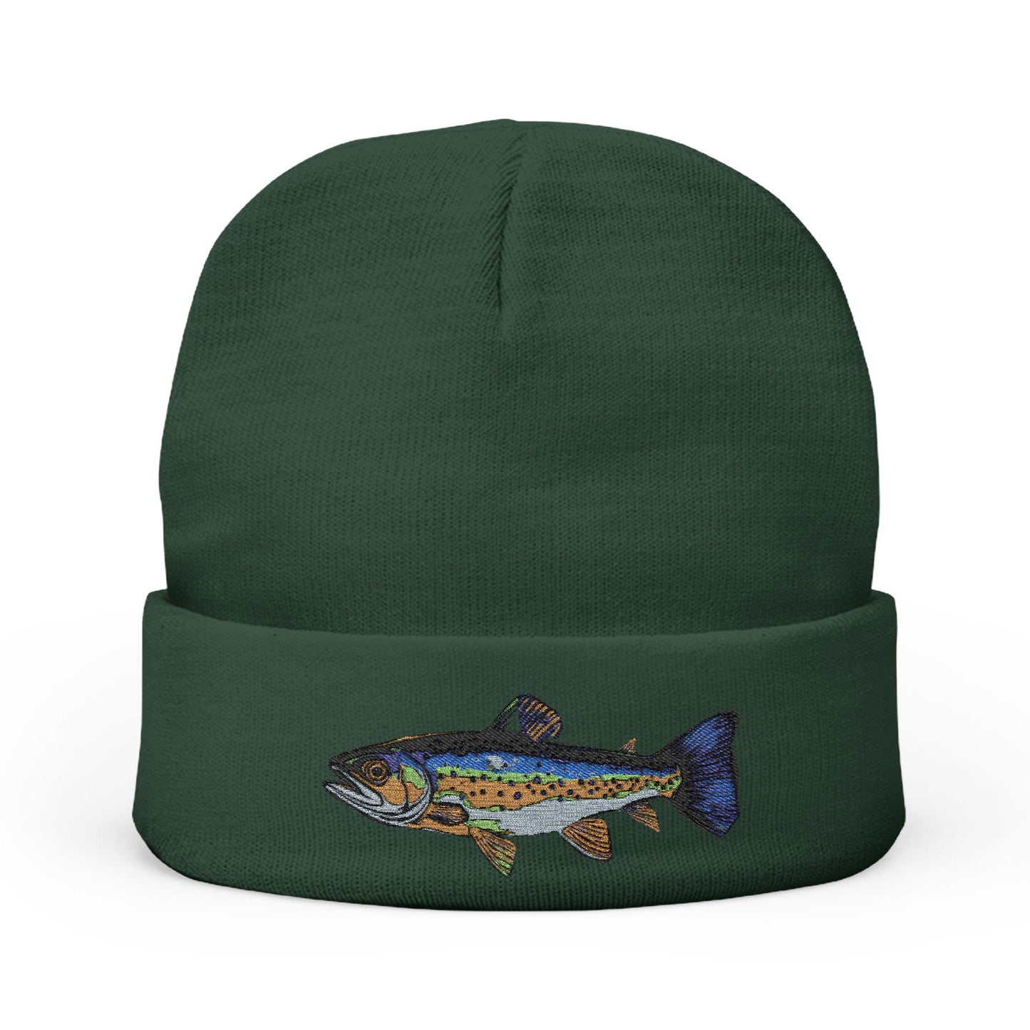Green Trout Embroidered Knit Beanie, Colorful Fish Hat for Anglers | Fishing Gift, Outdoor Winter Hat, Cozy Cotton Blend, Fathers Day Idea