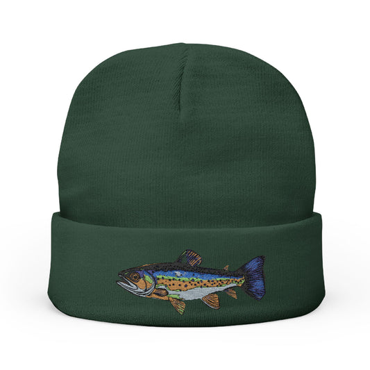 Green Trout Embroidered Knit Beanie, Colorful Fish Hat for Anglers | Fishing Gift, Outdoor Winter Hat, Cozy Cotton Blend, Fathers Day Idea