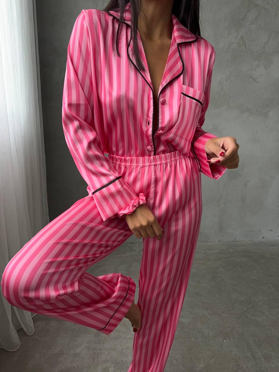 Pink Satin Pajama Set for Women – Long Sleeve Button Down Sleepwear – Striped Soft Loungewear – Luxury Gift for Her