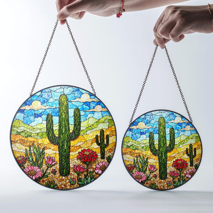Desert cactus bloom stained glass suncatcher with wildflowers and sky gift for nature lovers