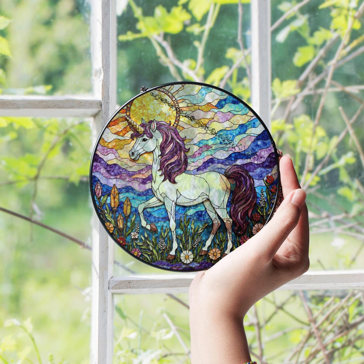 Opalescent unicorn in crystal bloom field iridescent stained glass window decor gift for fantasy lover