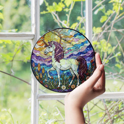 Opalescent unicorn in crystal bloom field iridescent stained glass window decor gift for fantasy lover