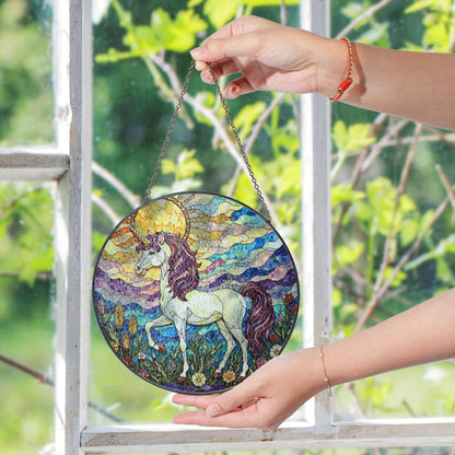 Opalescent unicorn in crystal bloom field iridescent stained glass window decor gift for fantasy lover