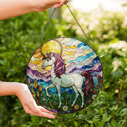 Opalescent unicorn in crystal bloom field iridescent stained glass window decor gift for fantasy lover