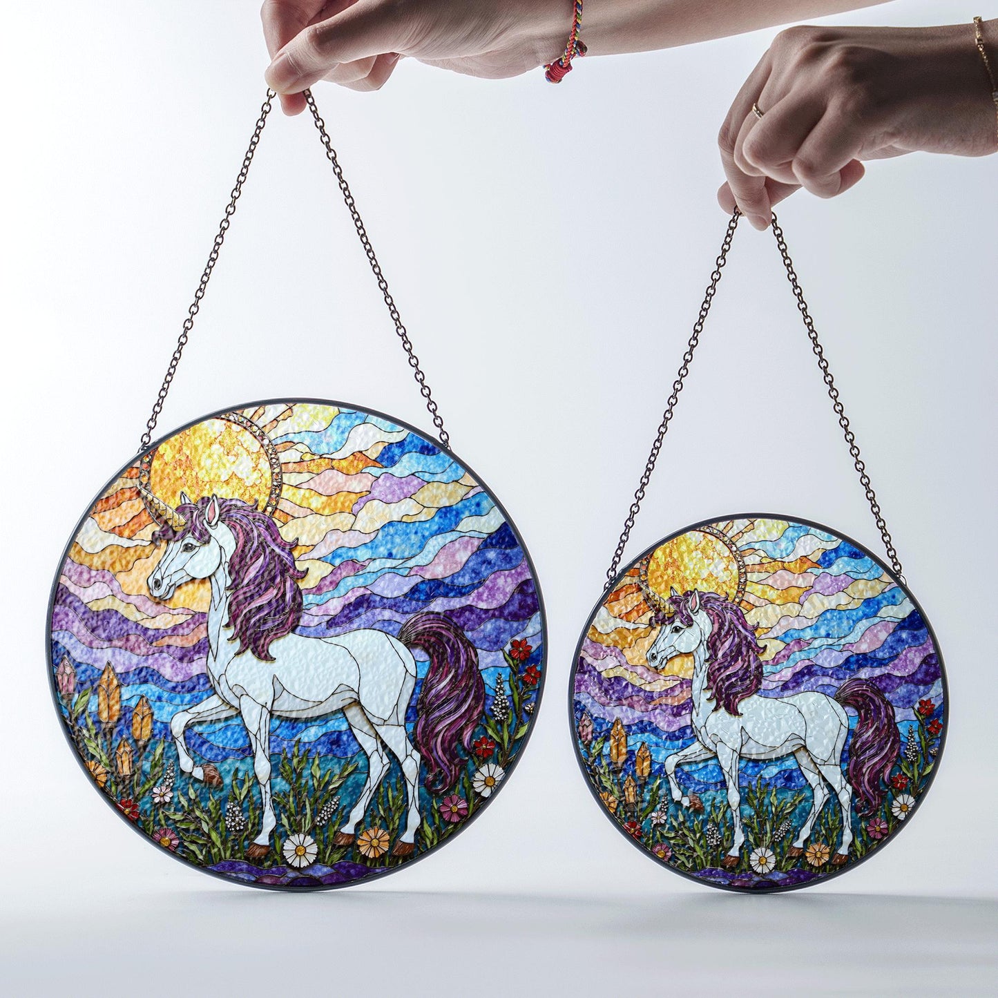 Opalescent unicorn in crystal bloom field iridescent stained glass window decor gift for fantasy lover