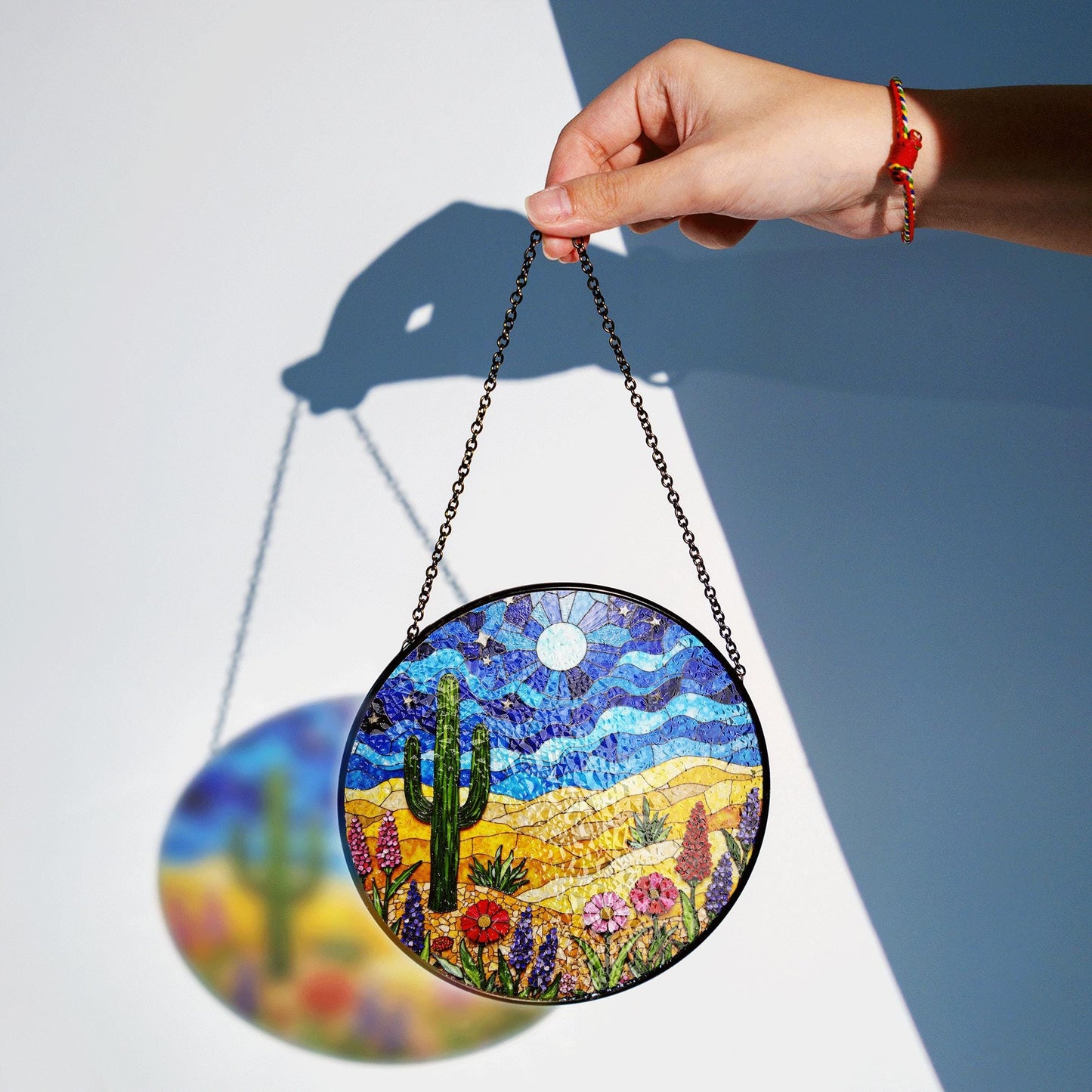 desert cactus under moon sky glass suncatcher with wildflower field boho window decor gift for nature lover
