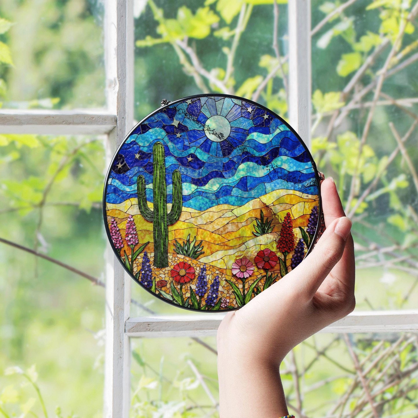 desert cactus under moon sky glass suncatcher with wildflower field boho window decor gift for nature lover