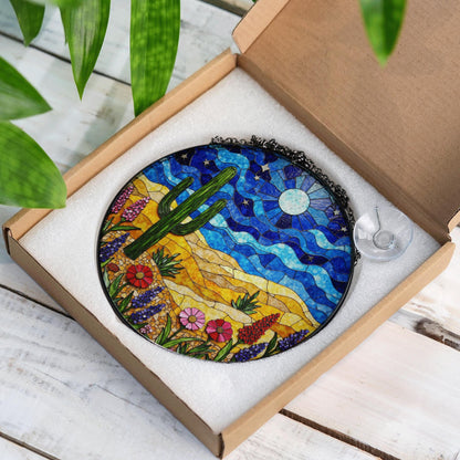 desert cactus under moon sky glass suncatcher with wildflower field boho window decor gift for nature lover