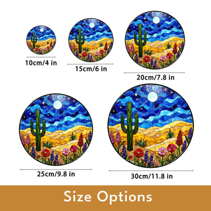 desert cactus under moon sky glass suncatcher with wildflower field boho window decor gift for nature lover