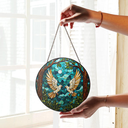 moonlit forest doves stained glass style round suncatcher bird art window decor gift for bird lovers