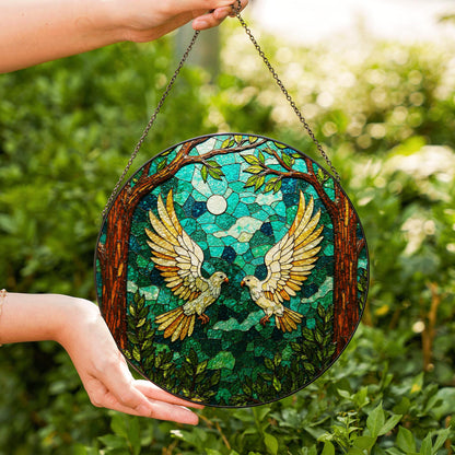 moonlit forest doves stained glass style round suncatcher bird art window decor gift for bird lovers