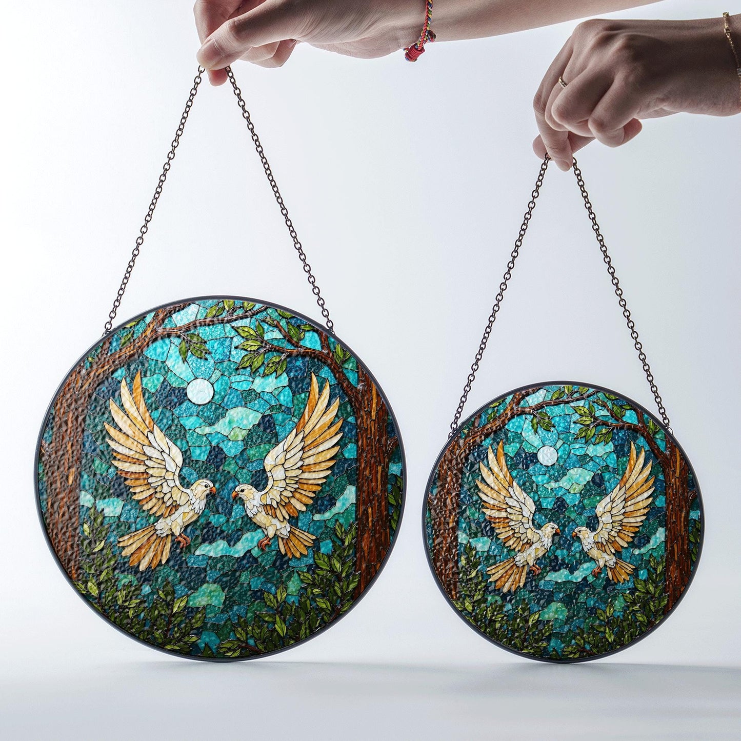 moonlit forest doves stained glass style round suncatcher bird art window decor gift for bird lovers