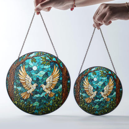moonlit forest doves stained glass style round suncatcher bird art window decor gift for bird lovers