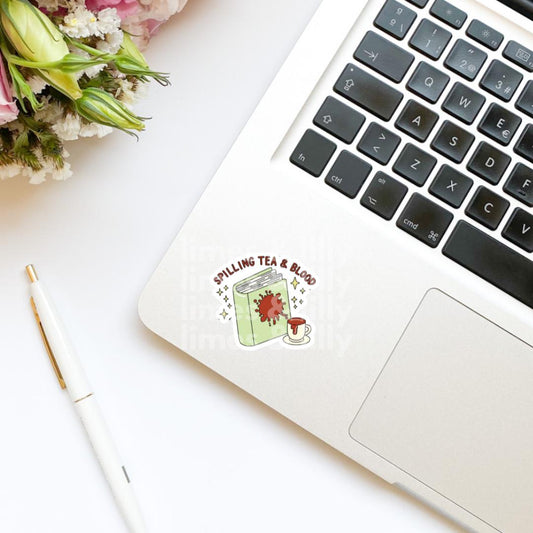Spilling Tea and Blood on My Book Vinyl Sticker | Girly | Water Bottle Sticker | Bookish Stickers | Kindle Stickers | Book Lover |