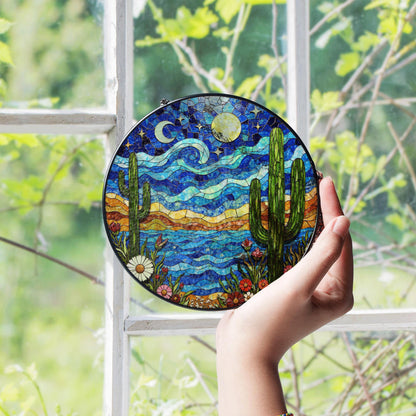 Desert Night Sky Cactus Landscape Colorful Suncatcher Window Hanging Gift for Nature Lover