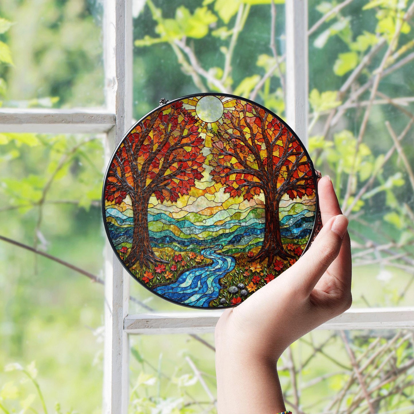 Autumn Trees River Flow Stained Glass Round Suncatcher Gift for Nature Lovers Home Decor