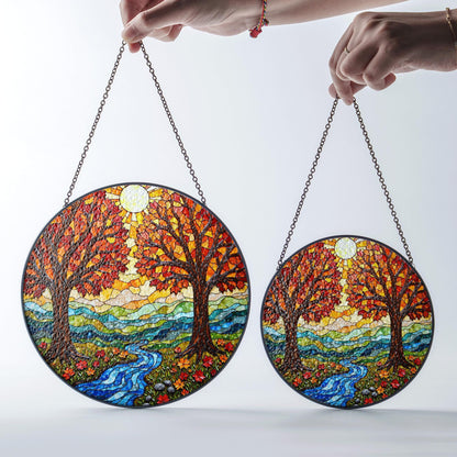 Autumn Trees River Flow Stained Glass Round Suncatcher Gift for Nature Lovers Home Decor