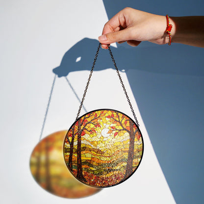 Autumn forest stained glass suncatcher sunlit trees fall landscape gift for nature lover window decoration