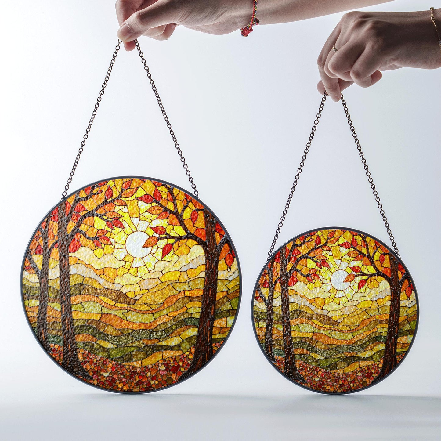 Autumn forest stained glass suncatcher sunlit trees fall landscape gift for nature lover window decoration