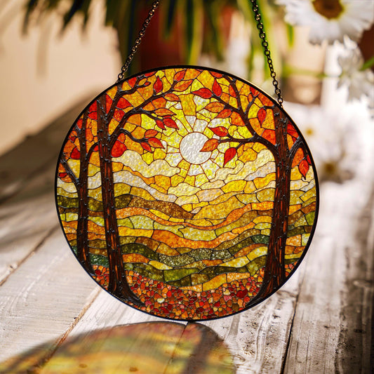 Autumn forest stained glass suncatcher sunlit trees fall landscape gift for nature lover window decoration