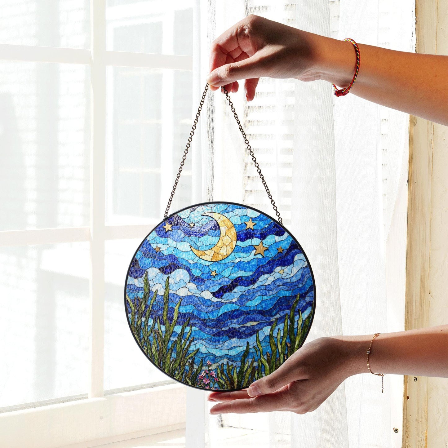 Crescent Moon Starry Sky Night Dream Suncatcher Stained Glass Window Decor Gift for Nature Lovers
