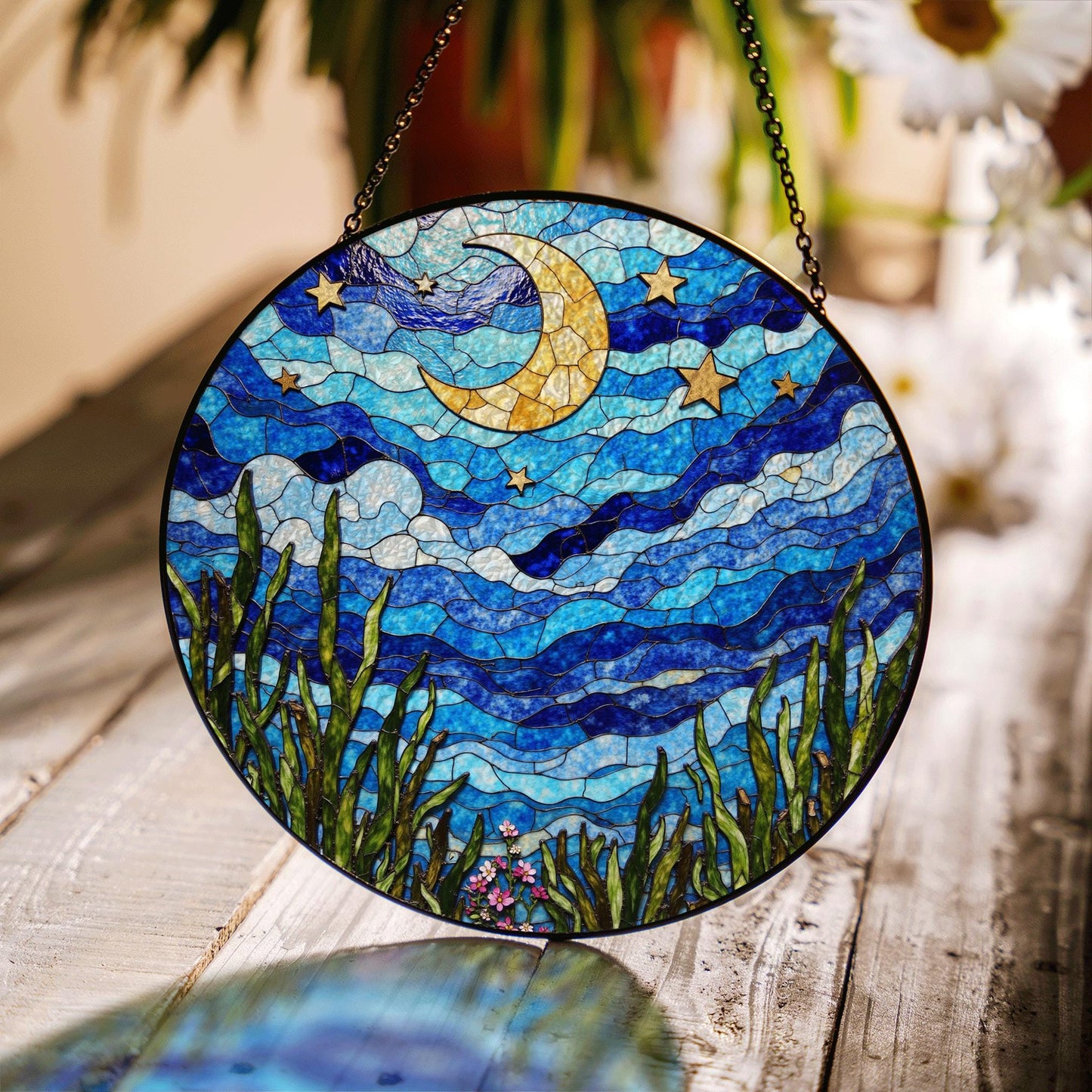 Crescent Moon Starry Sky Night Dream Suncatcher Stained Glass Window Decor Gift for Nature Lovers
