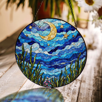 Crescent Moon Starry Sky Night Dream Suncatcher Stained Glass Window Decor Gift for Nature Lovers