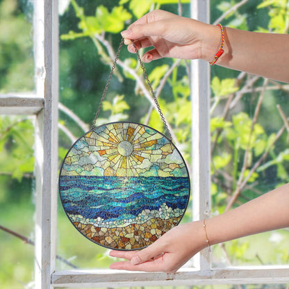 Ocean Shore Sunlight Round Suncatcher Stained Glass Window Decor Gift for Beach Lover Home Blessing