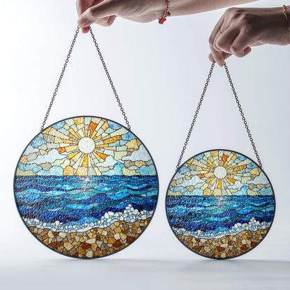 Ocean Shore Sunlight Round Suncatcher Stained Glass Window Decor Gift for Beach Lover Home Blessing