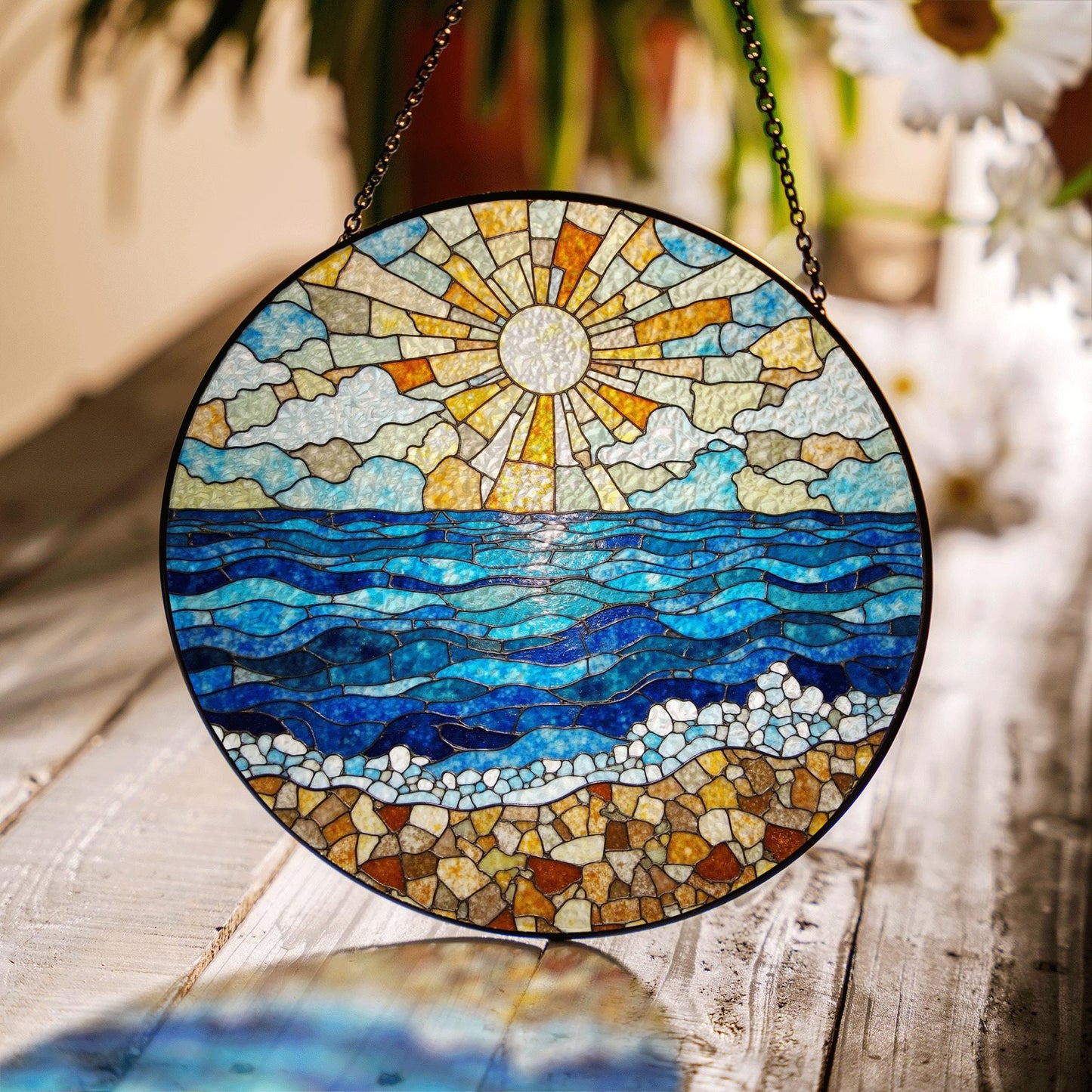 Ocean Shore Sunlight Round Suncatcher Stained Glass Window Decor Gift for Beach Lover Home Blessing