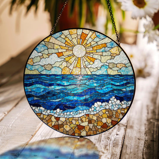 Ocean Shore Sunlight Round Suncatcher Stained Glass Window Decor Gift for Beach Lover Home Blessing