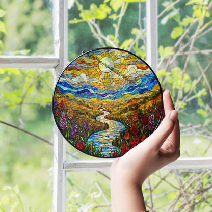 Colorful Mountain River Landscape Suncatcher Glass Art for Nature Lover Gift