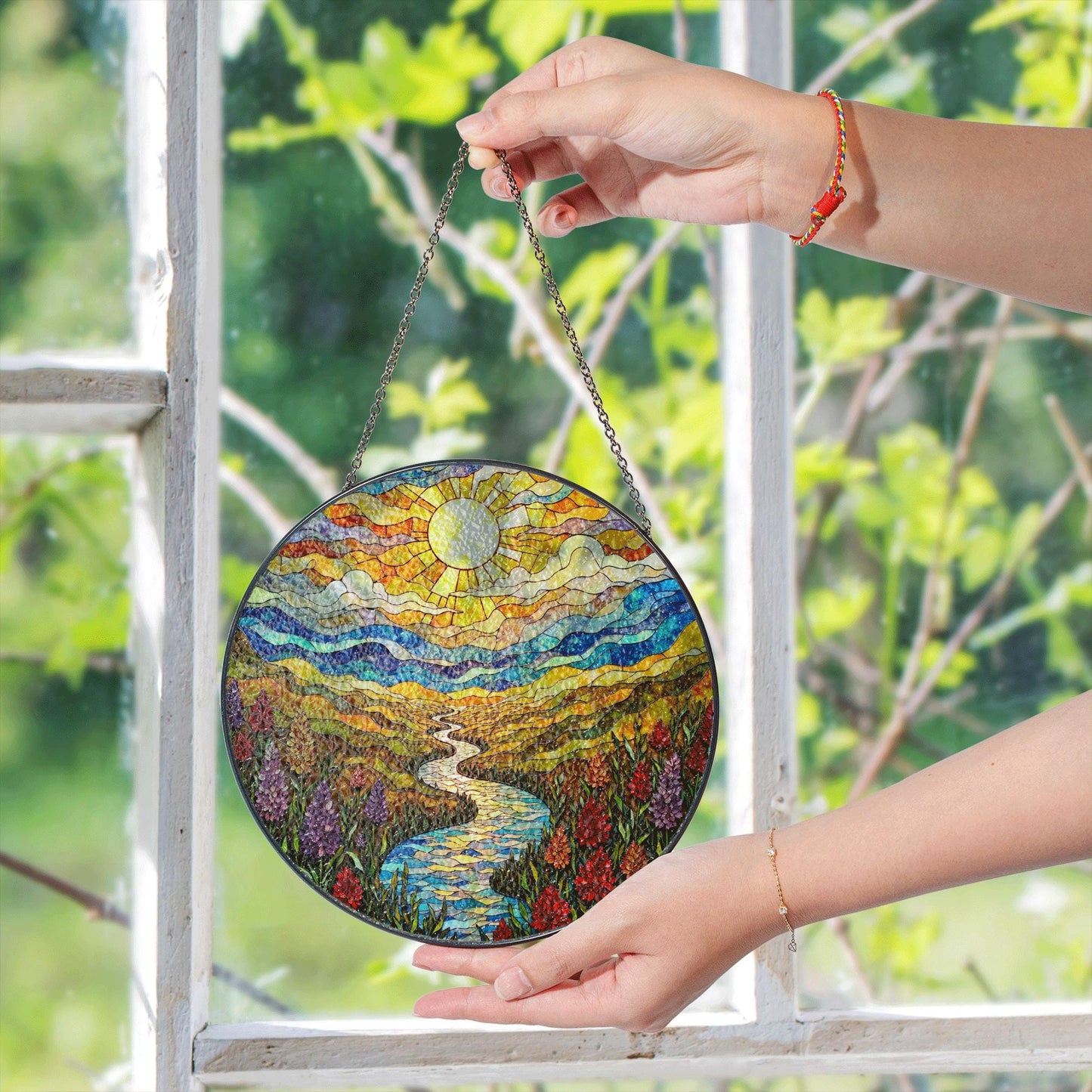 Colorful Mountain River Landscape Suncatcher Glass Art for Nature Lover Gift