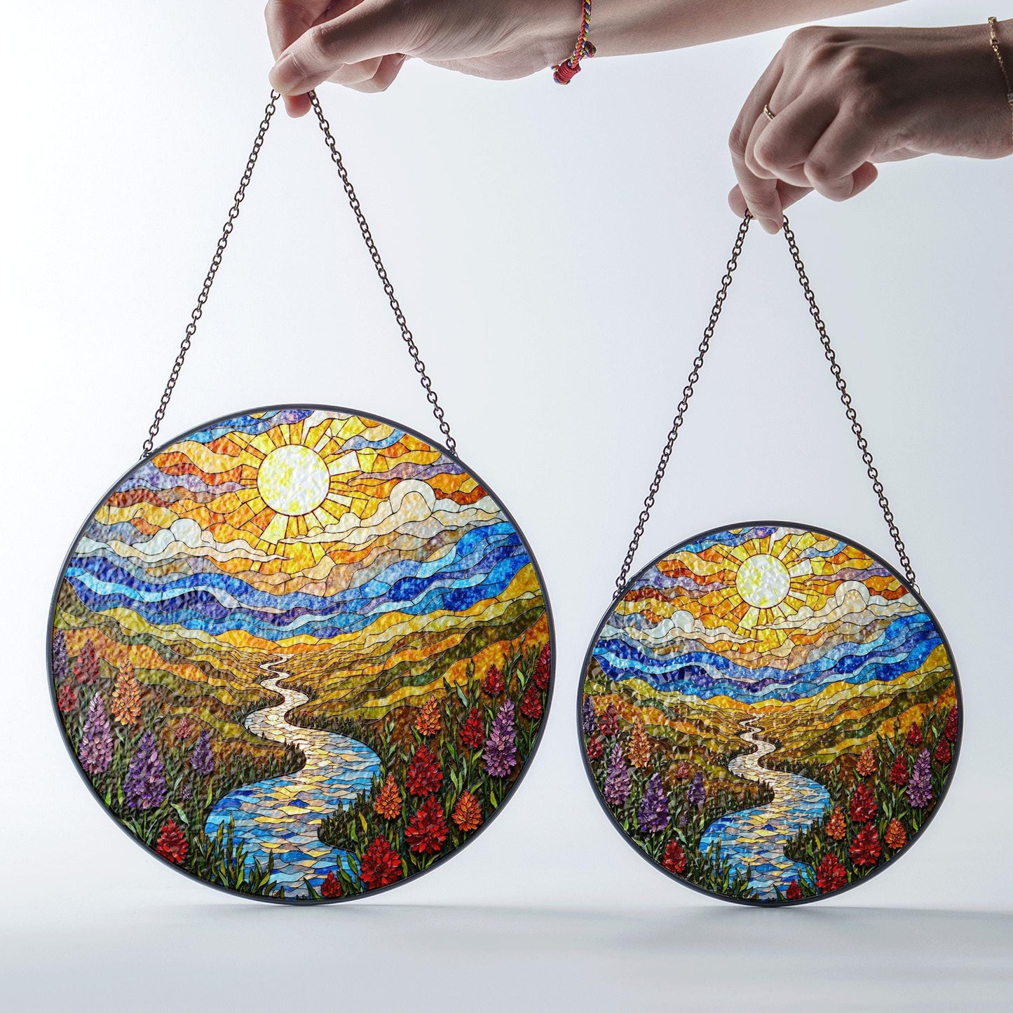 Colorful Mountain River Landscape Suncatcher Glass Art for Nature Lover Gift