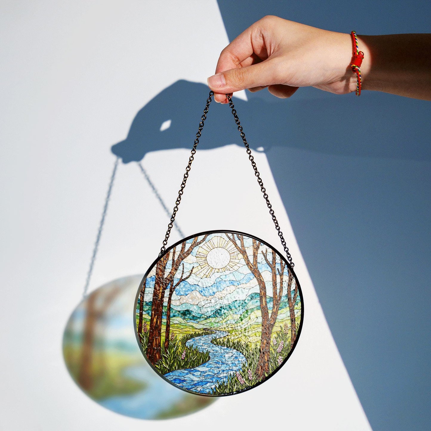 Handcrafted River Valley Landscape Suncatcher Stained Glass Window Decor Gift for Nature Lovers