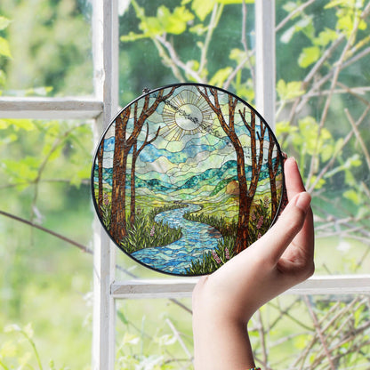 Handcrafted River Valley Landscape Suncatcher Stained Glass Window Decor Gift for Nature Lovers