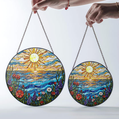 Vibrant wildflower meadow and ocean wave stained glass suncatcher summer window decor gift for nature lovers