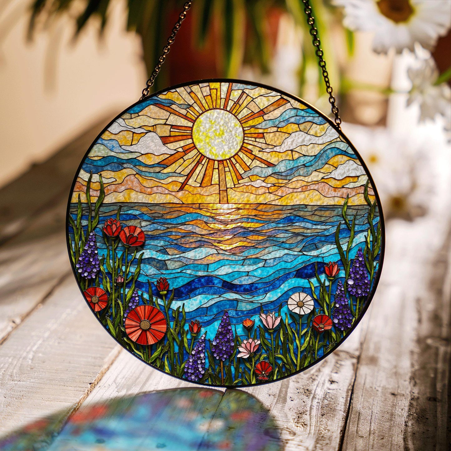 Vibrant wildflower meadow and ocean wave stained glass suncatcher summer window decor gift for nature lovers