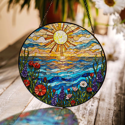 Vibrant wildflower meadow and ocean wave stained glass suncatcher summer window decor gift for nature lovers