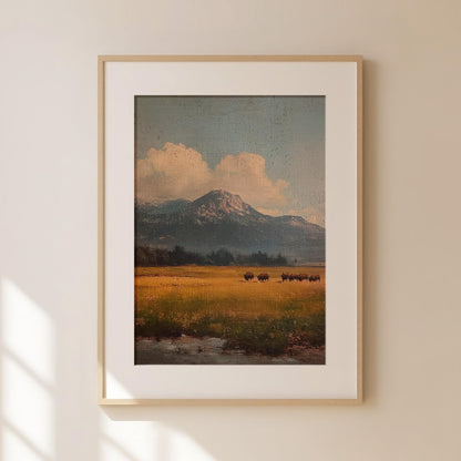 Bison Grazing in a Field Vintage Oil Painting Print Rustic Antique Retro Buffalo Print Rocky Mountain Poster Western Cabin Cottage Wall Art